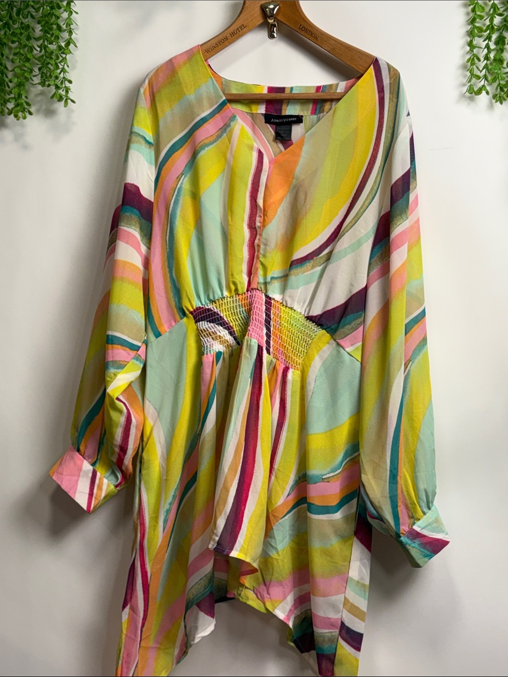 Ashley Stewart Multicolor Striped Smocked-Waist Tunic — Yellow Pink Mint Cream